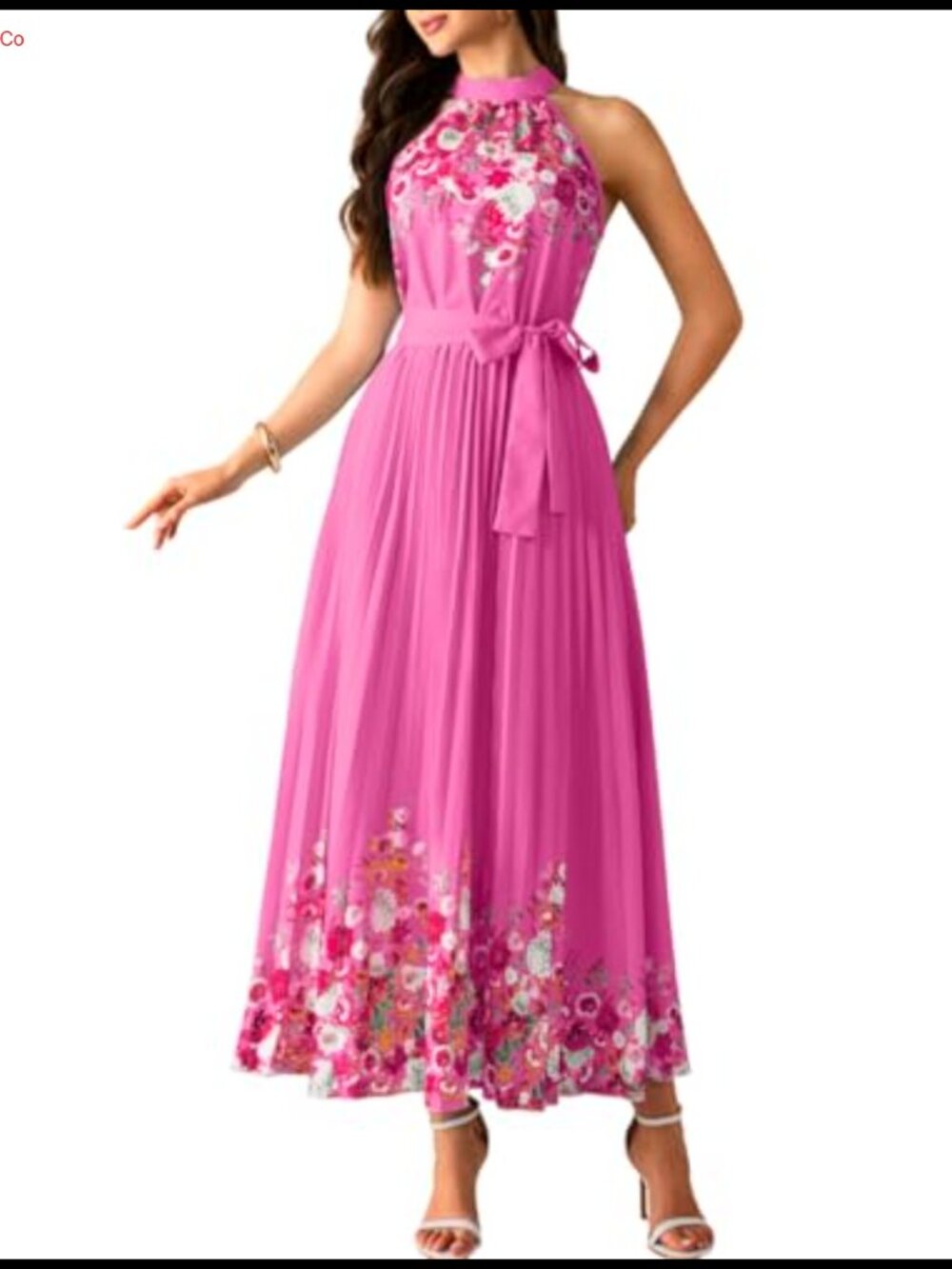 Women's Floral Pleated Formal Maxi Dress Halter Wedding Guest